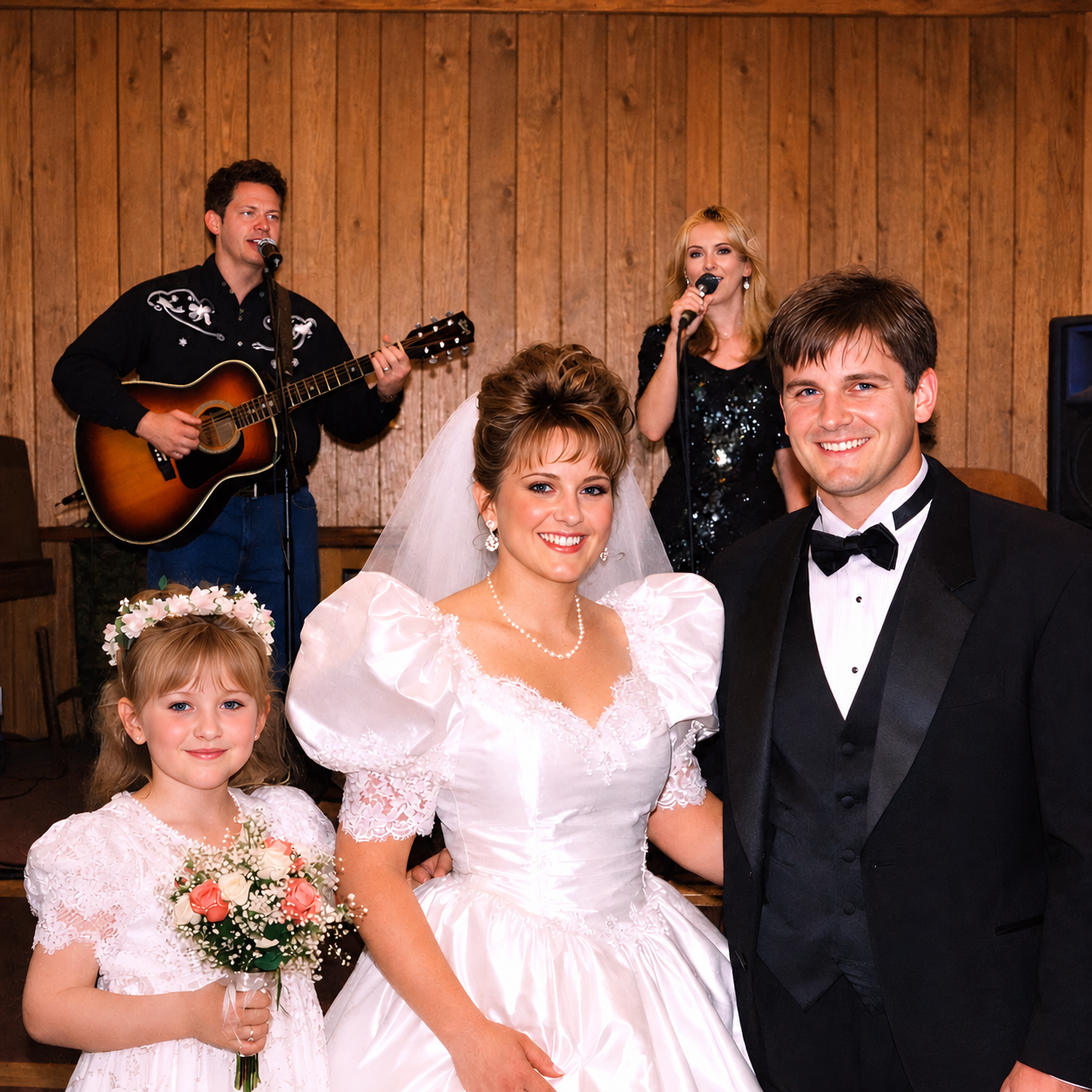 Heather, Emily, and Michael pose smiling in front of Kelly and myself on stage.